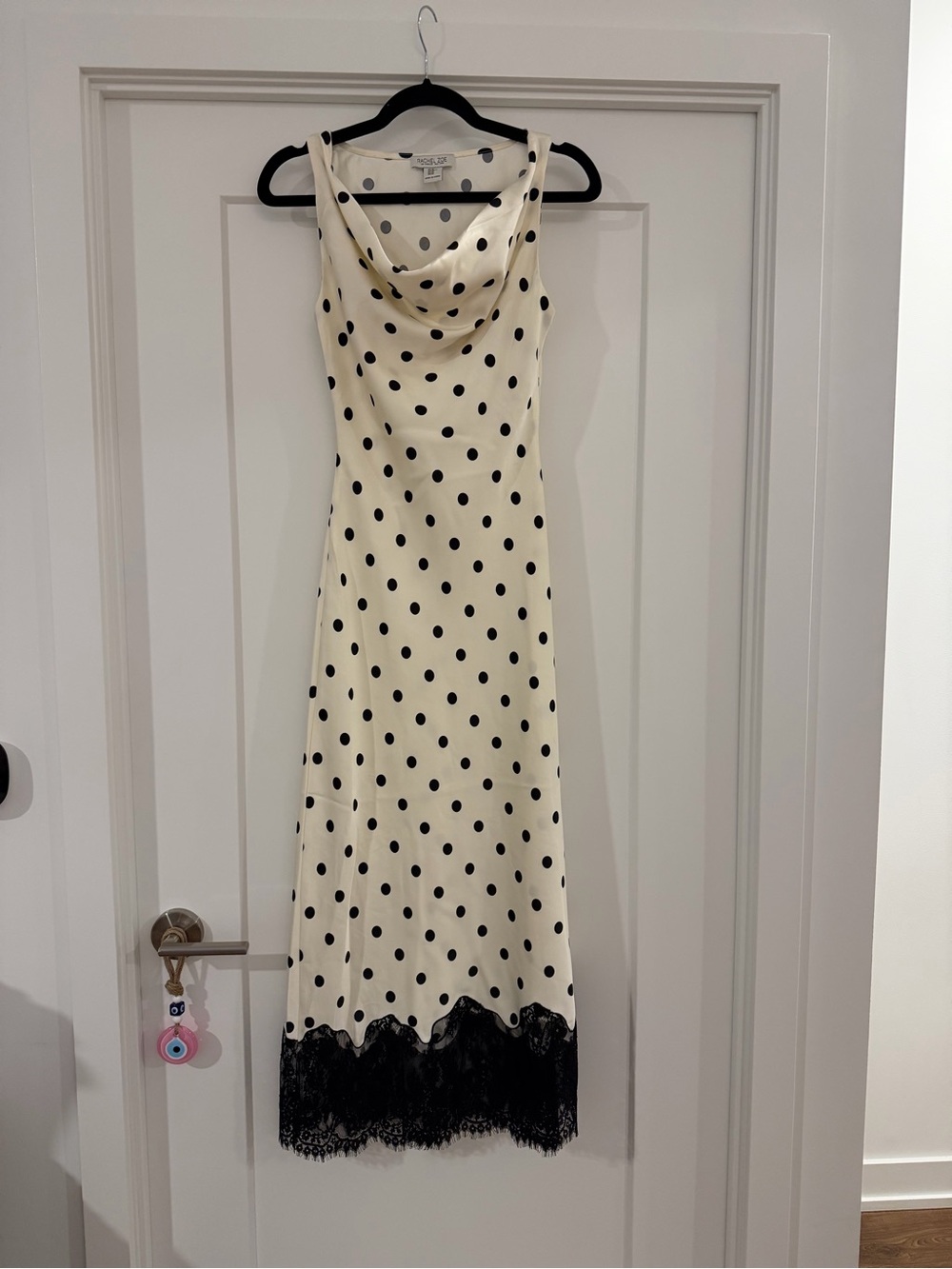 Sleeveless Cream Polka Dot Slip Dress with Black Lace Trim